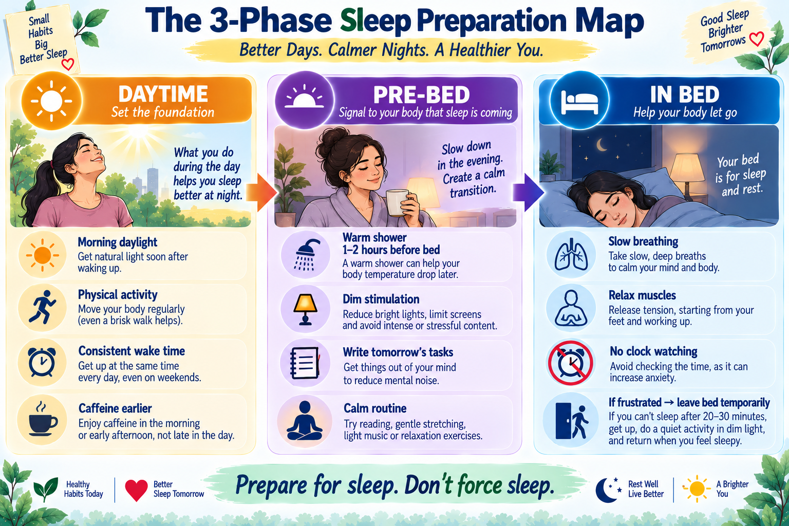 Three-phase sleep preparation map showing daytime, pre-bed, and in-bed habits for falling asleep faster