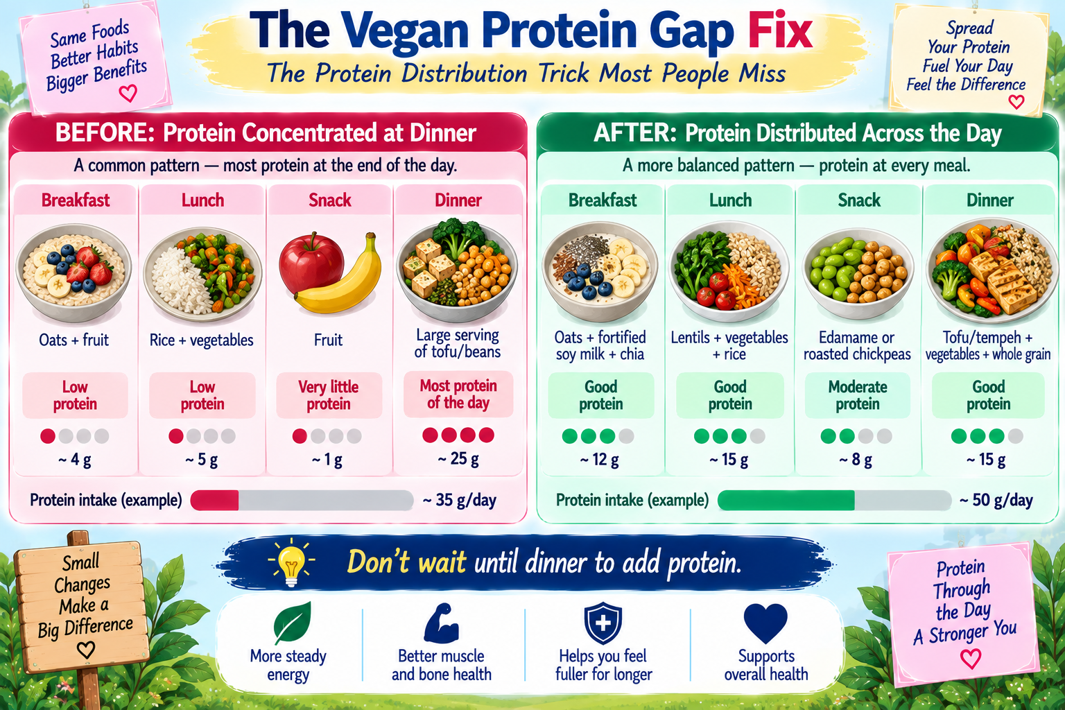 “Before and after comparison showing how to distribute plant protein across breakfast lunch snack and dinner”