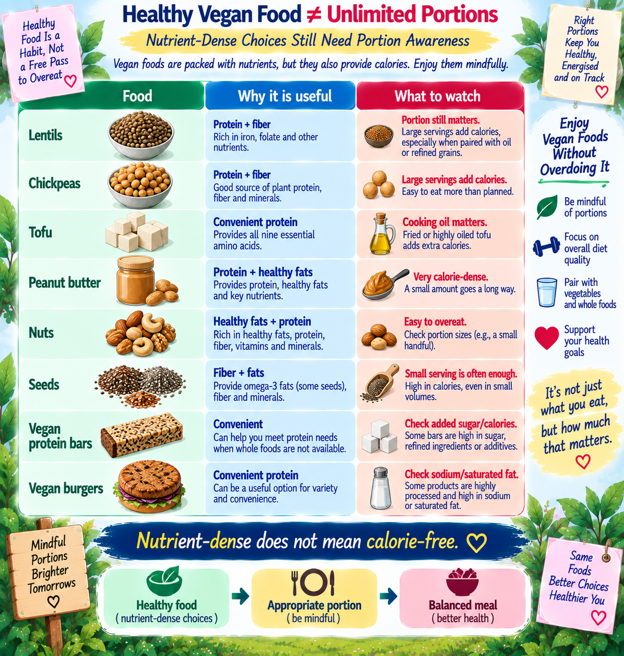 “Portion awareness map showing healthy vegan foods and the calorie or preparation factors to consider during weight loss”
