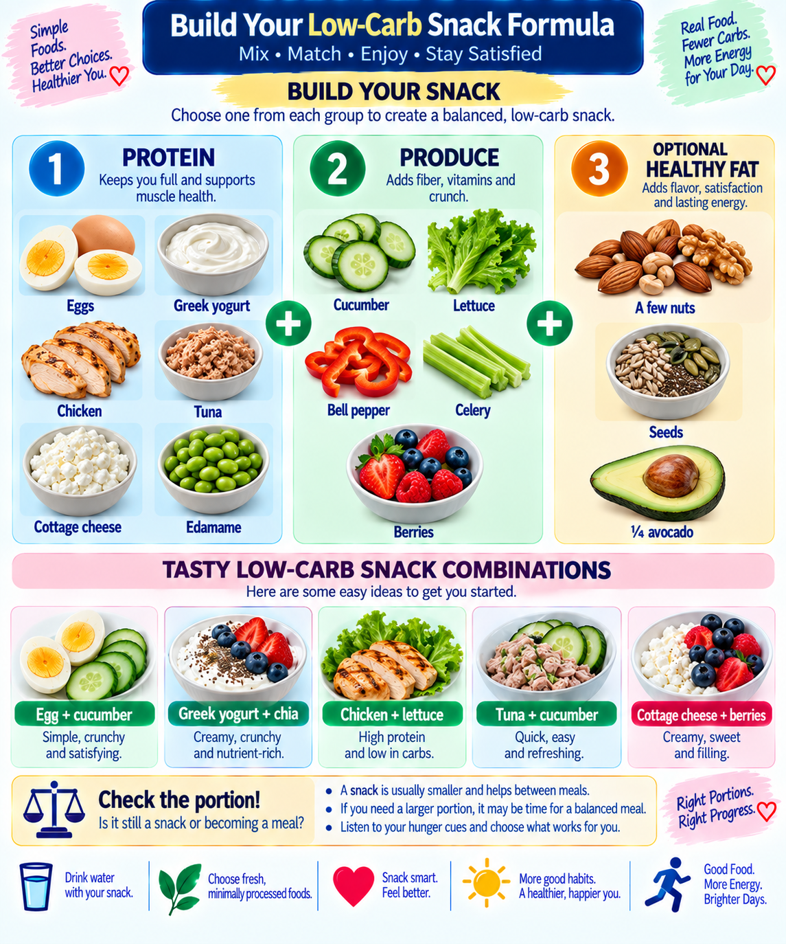 Low-carb snack formula infographic showing how to combine protein, high-volume produce, and optional healthy fat with practical snack examples