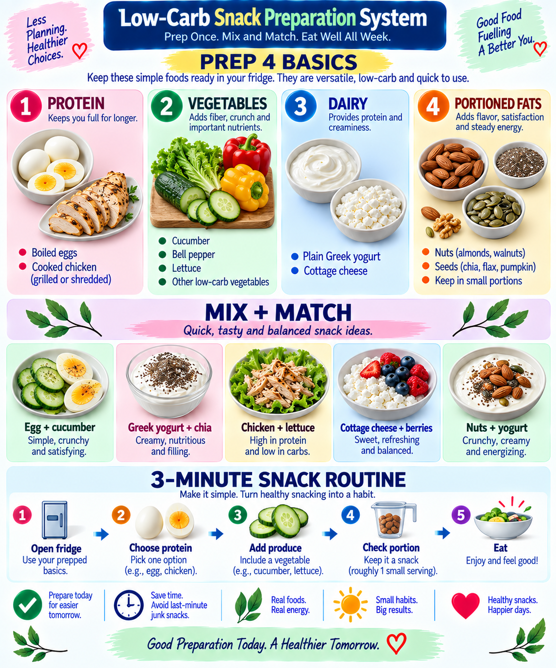 Low-carb snack preparation system showing four foods to prepare in advance and how to combine them into quick weight-loss friendly snacks