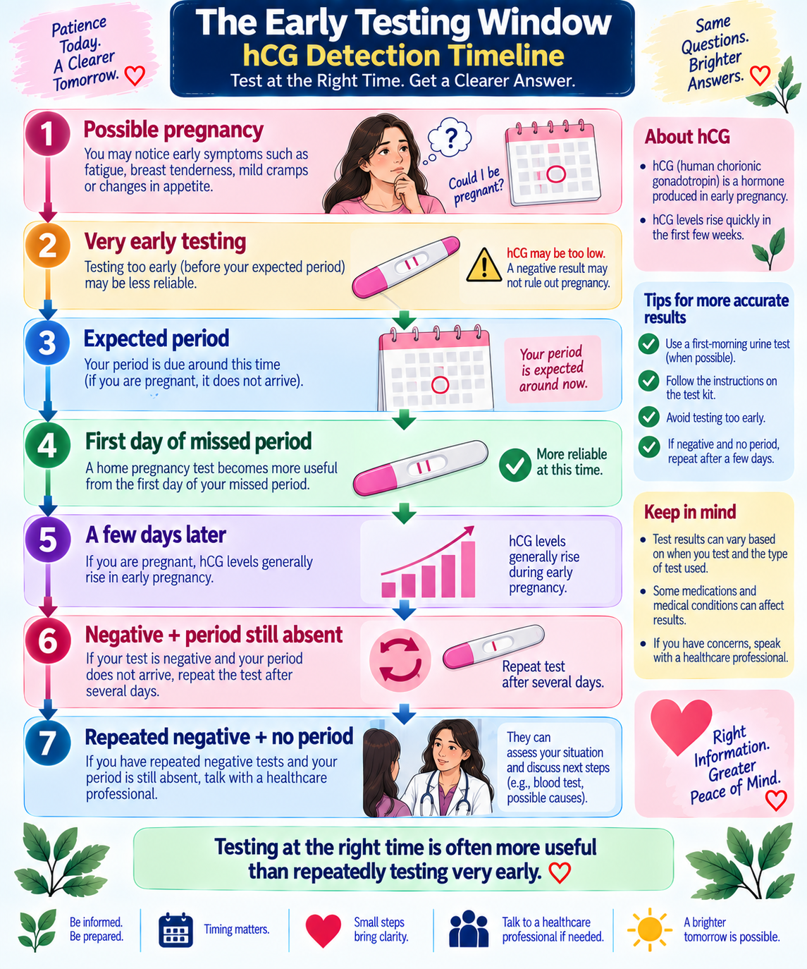 Pregnancy test timing timeline showing early testing, missed period, rising hCG and when home pregnancy tests become more reliable