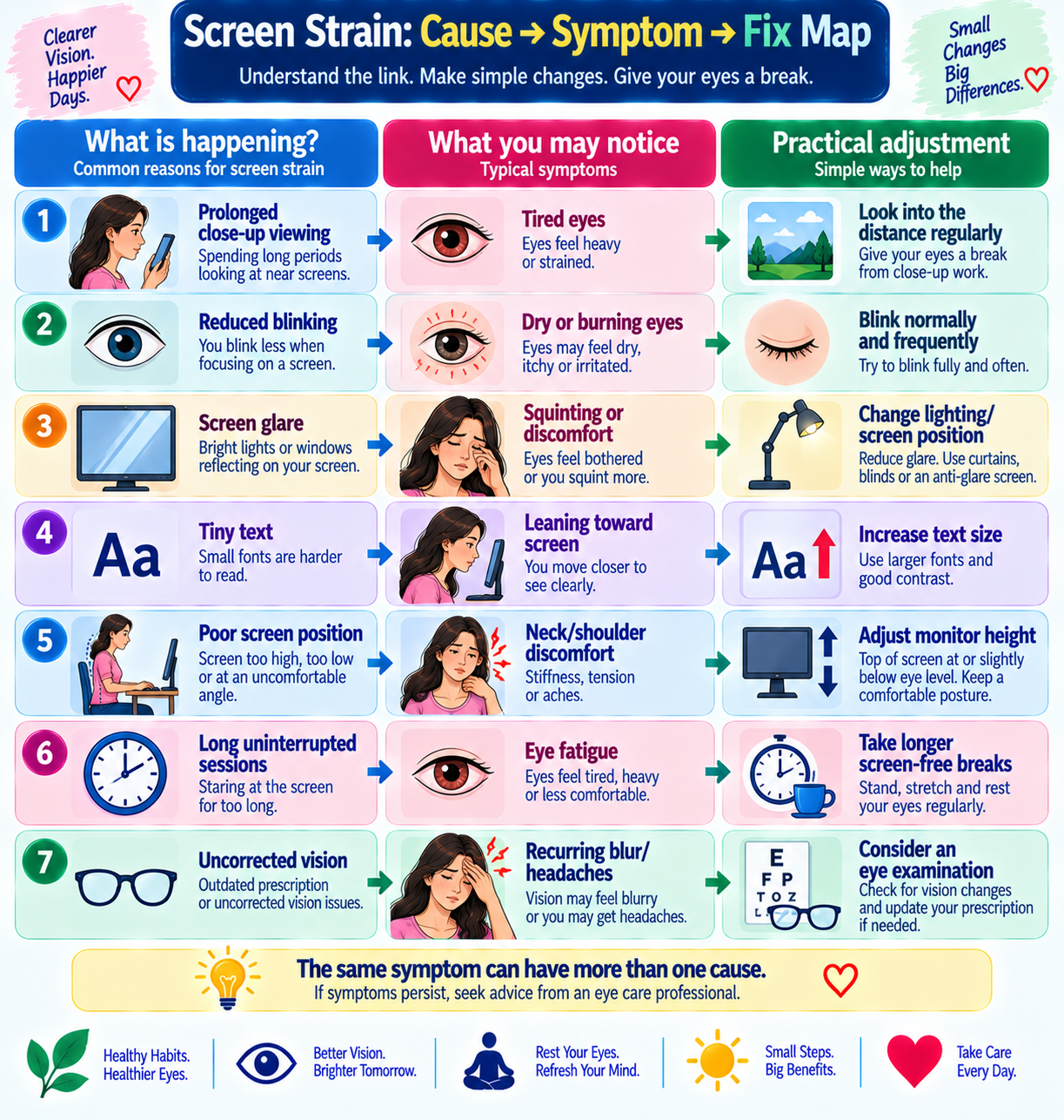 Screen eye strain cause symptom fix map connecting common screen habits with tired eyes, dryness, headaches and practical adjustments