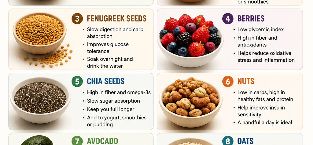 Infographic of the 10 best foods to lower blood sugar naturally.