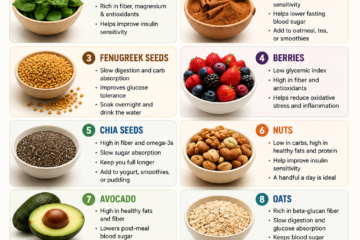 Infographic of the 10 best foods to lower blood sugar naturally.