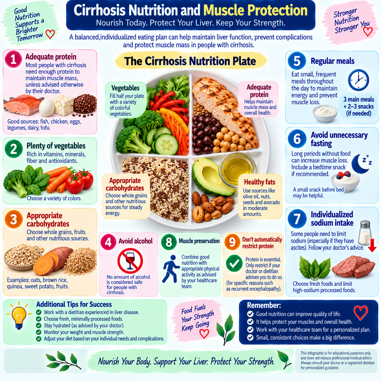 Cirrhosis diet and nutrition guide showing protein, vegetables, healthy foods, sodium awareness, and muscle preservation