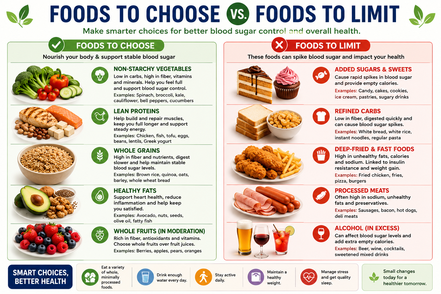 Foods to choose vs. foods to limit for healthy blood sugar.