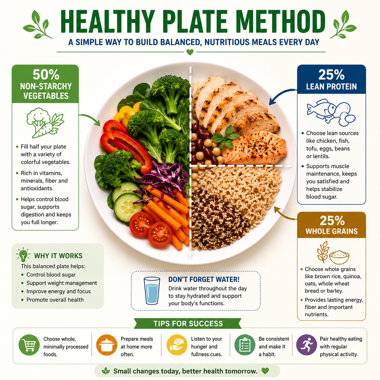 Healthy Plate Method infographic for balanced meals and blood sugar support.