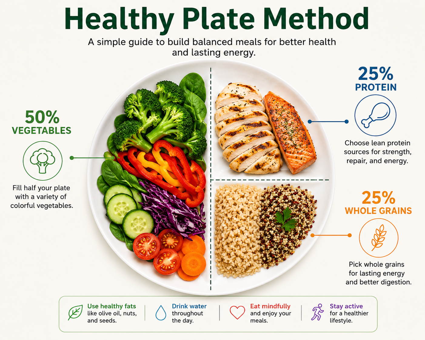 Healthy plate method infographic for beginners