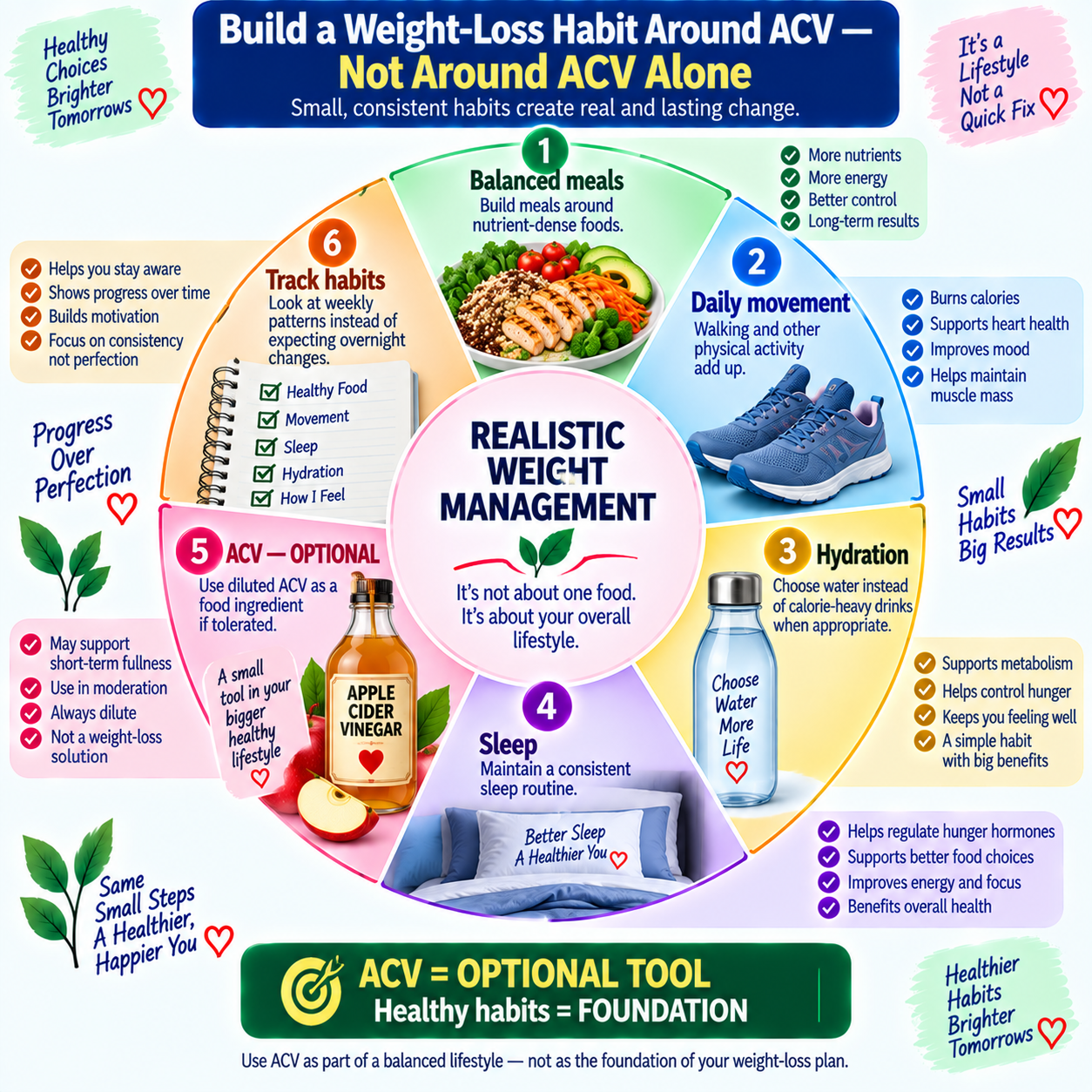 Apple cider vinegar weight loss habit wheel showing meals, movement, sleep, hydration, and realistic expectations