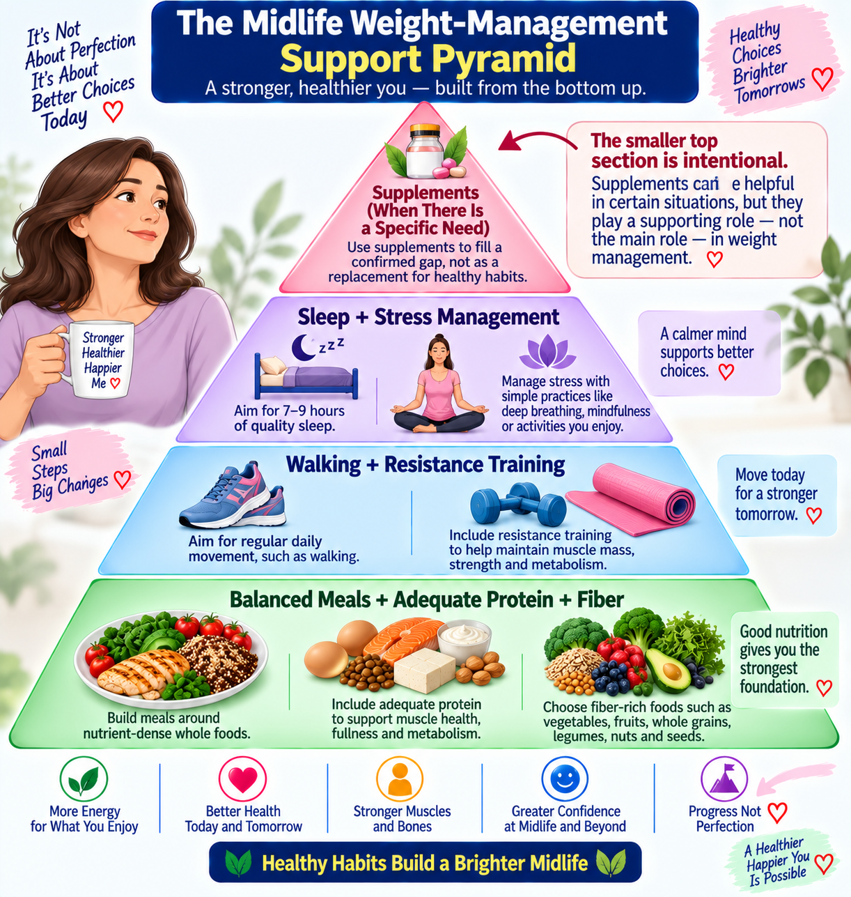 Weight management pyramid for women over 40 showing nutrition, exercise, sleep, and supplements