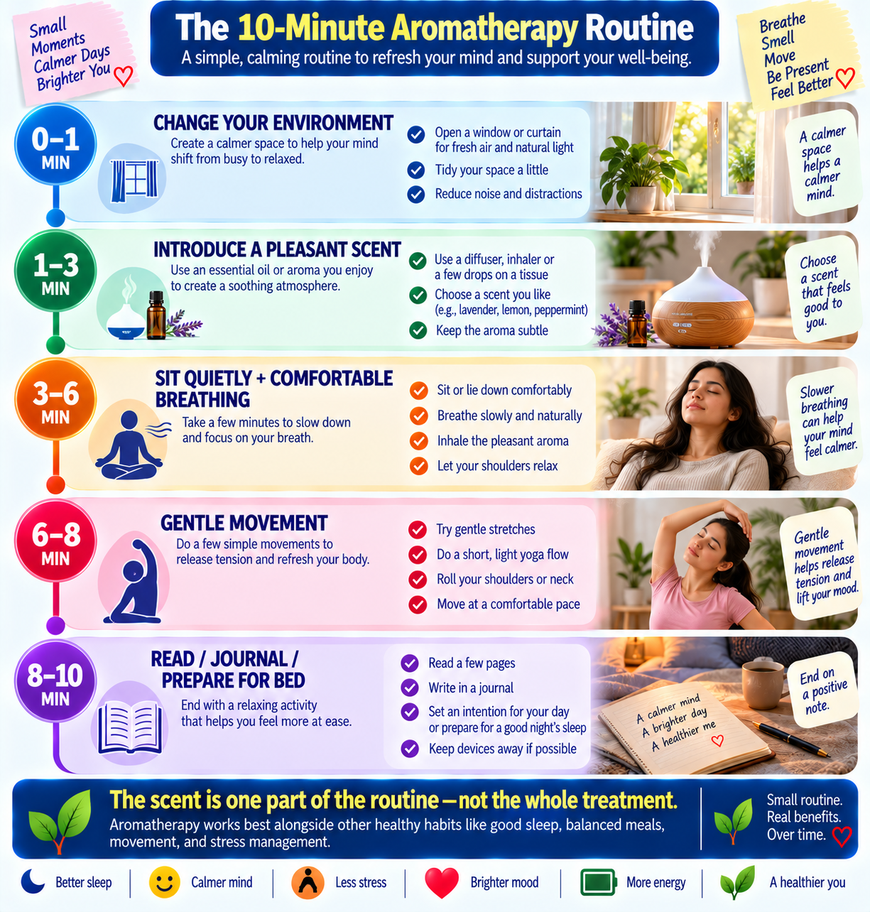 Ten-minute aromatherapy routine showing a simple sequence of changing environment, using a pleasant scent, relaxing, gentle movement, and preparing for the next activity