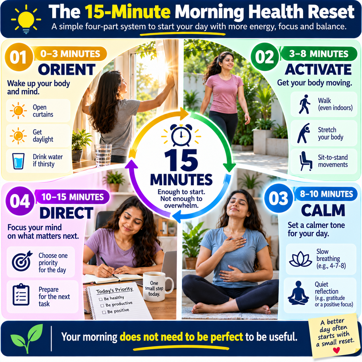 15-minute morning health reset showing daylight, movement, breathing and daily priority