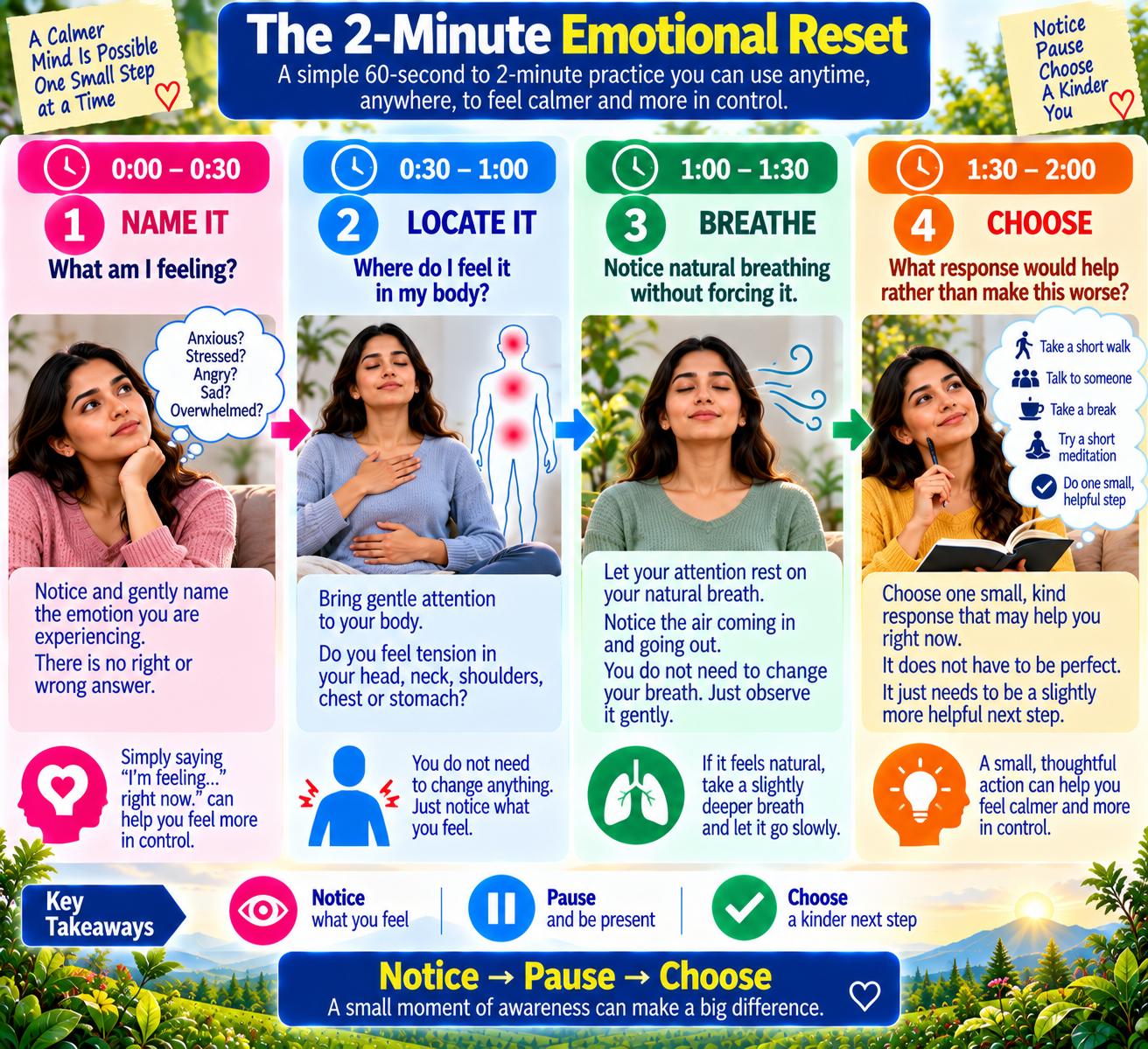 Two-minute emotional reset showing four steps to name an emotion, locate it in the body, notice breathing, and choose a response