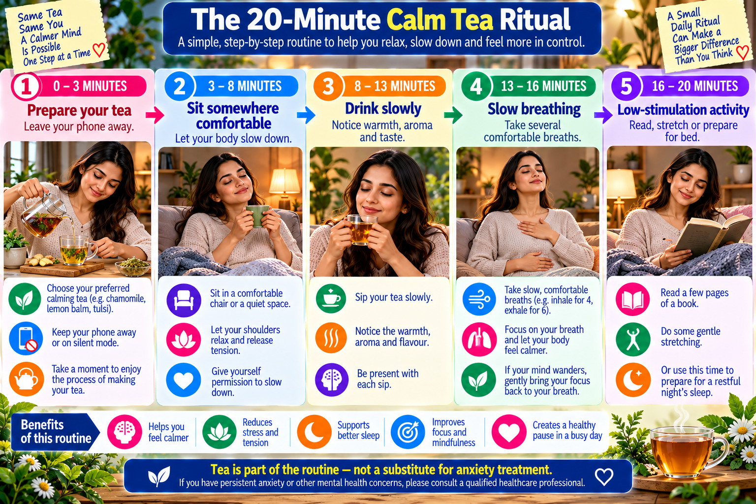 20-minute calming herbal tea routine showing preparation, mindful drinking, slow breathing, and a low-stimulation activity