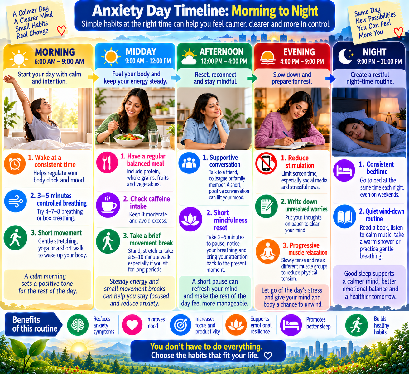 Chain reaction showing how sleep, movement, routine, and social connection can support better mood