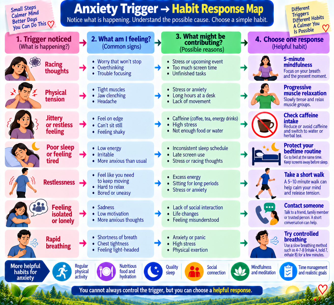 Anxiety trigger to habit response map showing practical daily strategies for breathing, movement, sleep, mindfulness, caffeine and social support