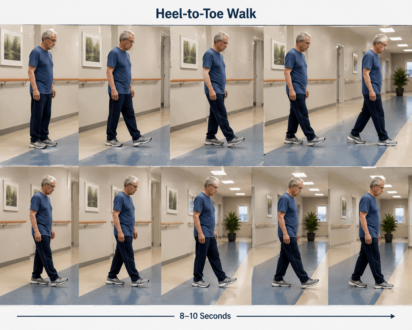 An old man performing Heel-to-Toe Walk in the Hallway
