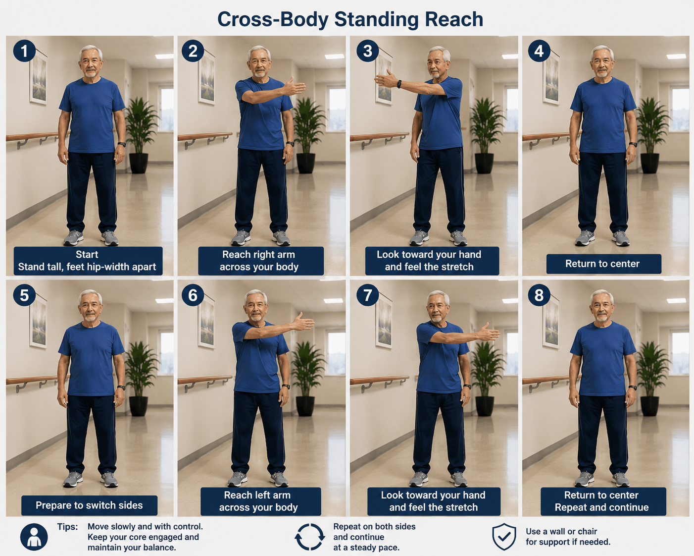 An older adult performing Cross-Body Standing Reach