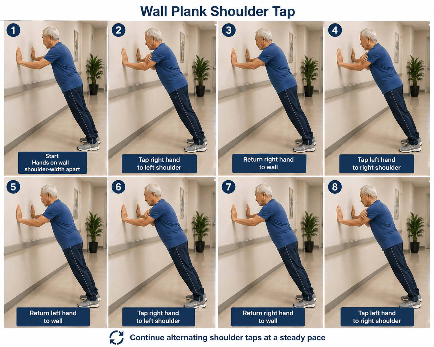 An older adult performing Wall Plank Shoulder Tap