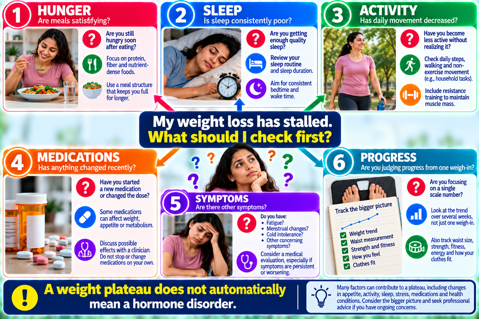 Decision map showing practical questions about hunger, sleep, activity, medications, symptoms and weight trends before assuming a hormonal problem