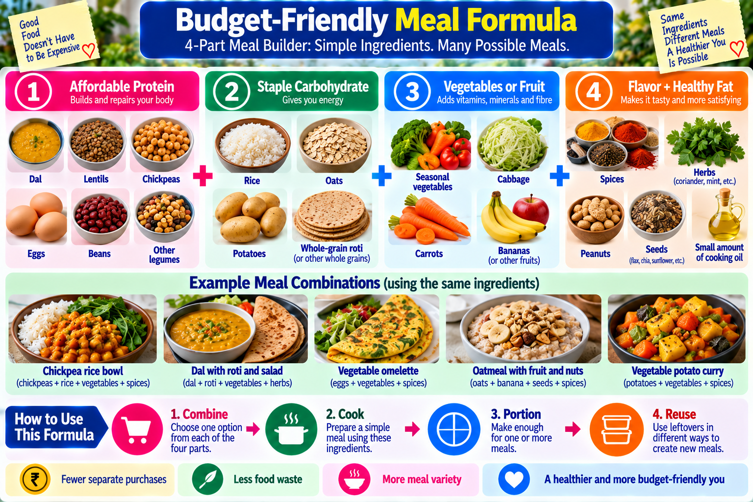 Budget-friendly meal builder showing affordable protein, staple carbohydrates, vegetables or fruit, and flavor ingredients