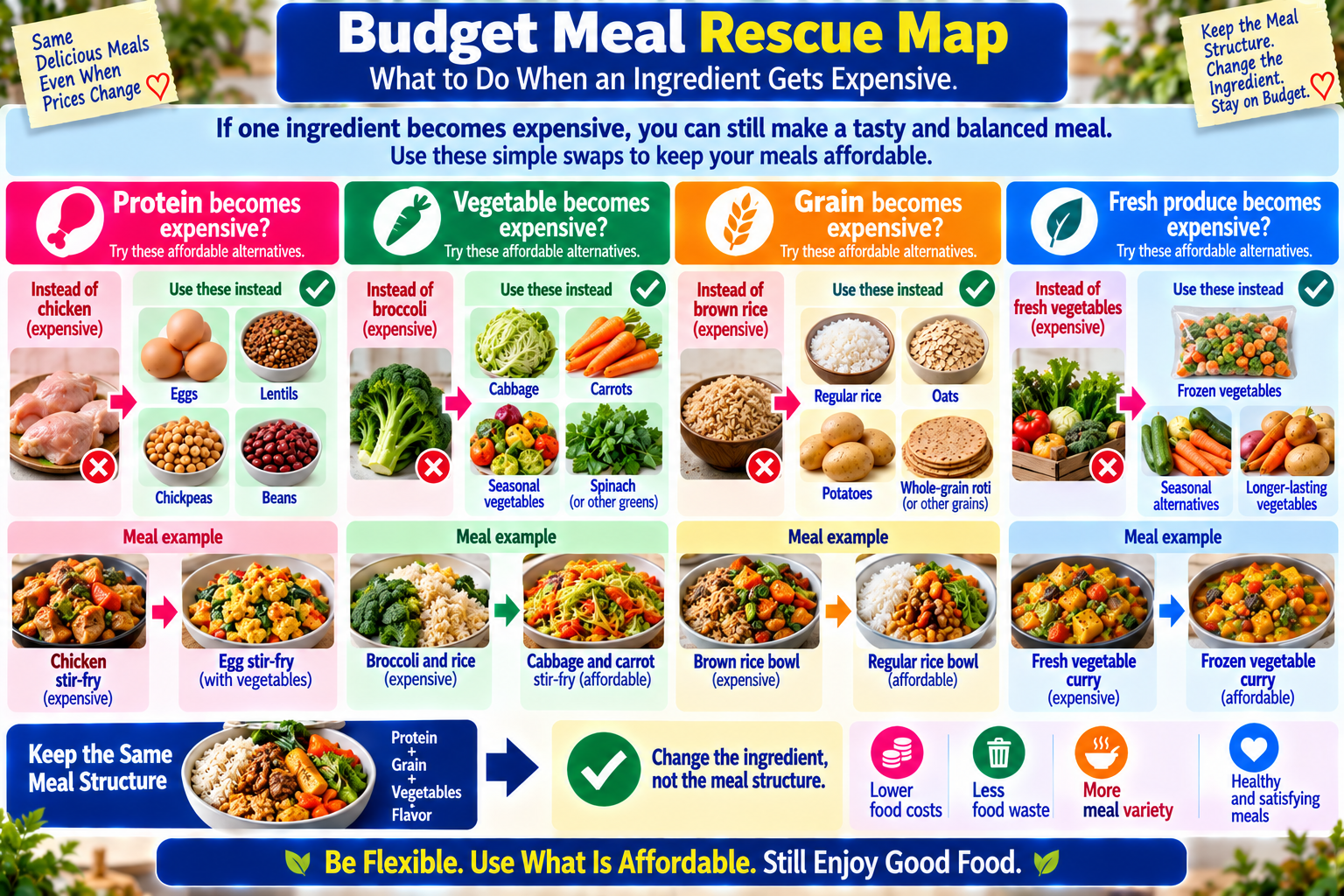 Budget meal substitution map showing affordable ingredient swaps when protein, vegetables, grains, or produce become expensive