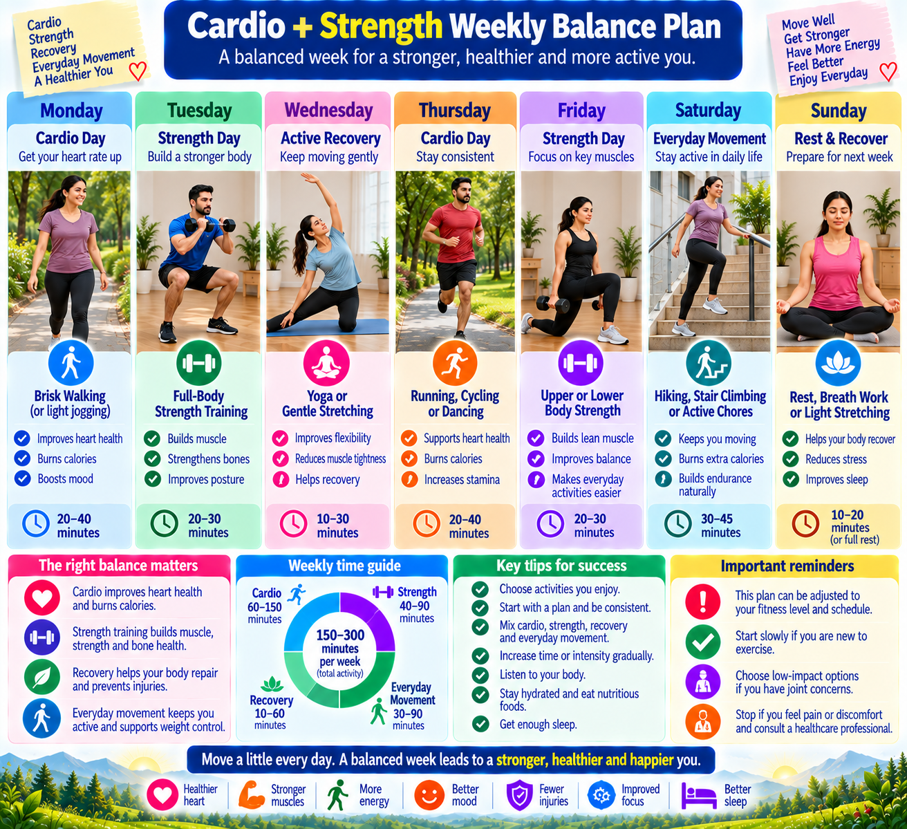 Weekly weight-loss exercise plan combining cardio, strength training, daily movement and recovery days