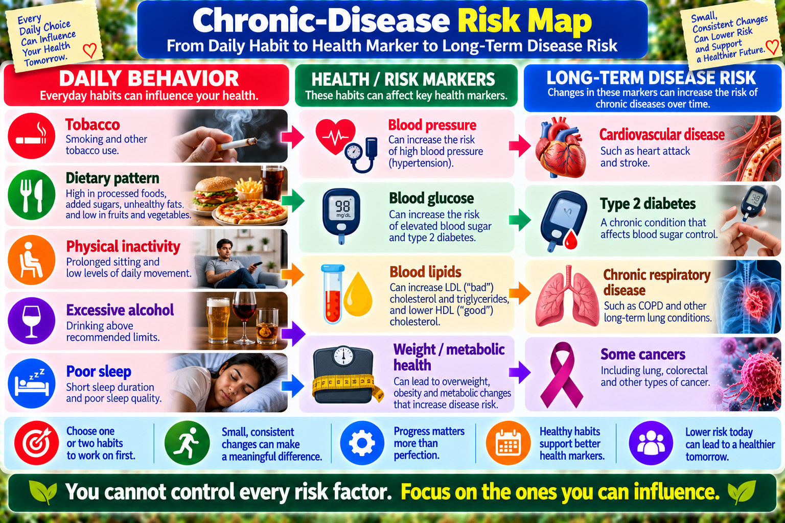 Chronic disease risk map showing how daily behaviors can influence health markers and long-term disease risk