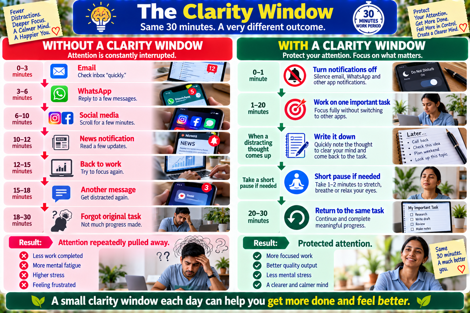 Before and after comparison showing how a protected clarity window reduces digital interruptions during focused work