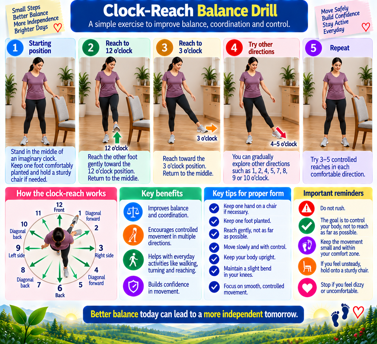 Step-by-step clock-reach balance drill using a chair for support, showing controlled foot reaches in different directions and safe balance practice.