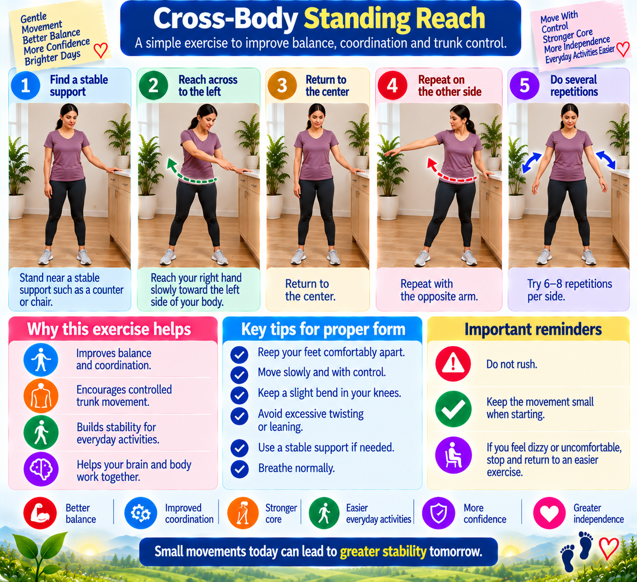 Step-by-step cross-body standing reach exercise beside stable support, showing controlled side-to-side reaching, repetitions, form tips, and safety guidance.