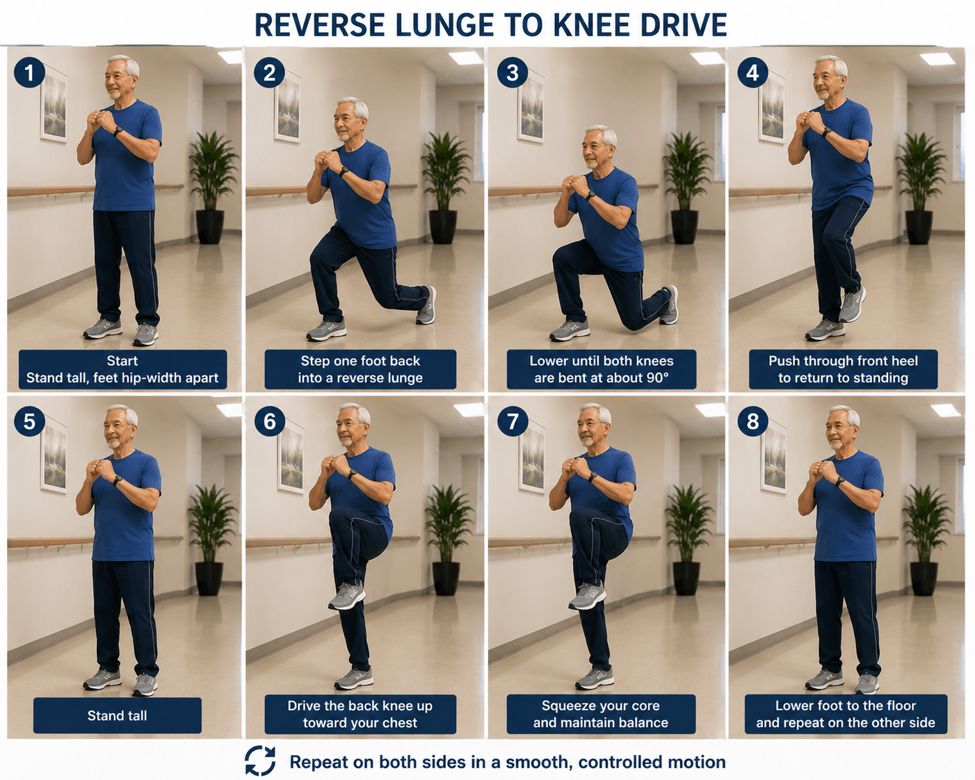 An older adult performing Reverse Lunge to Knee Drive