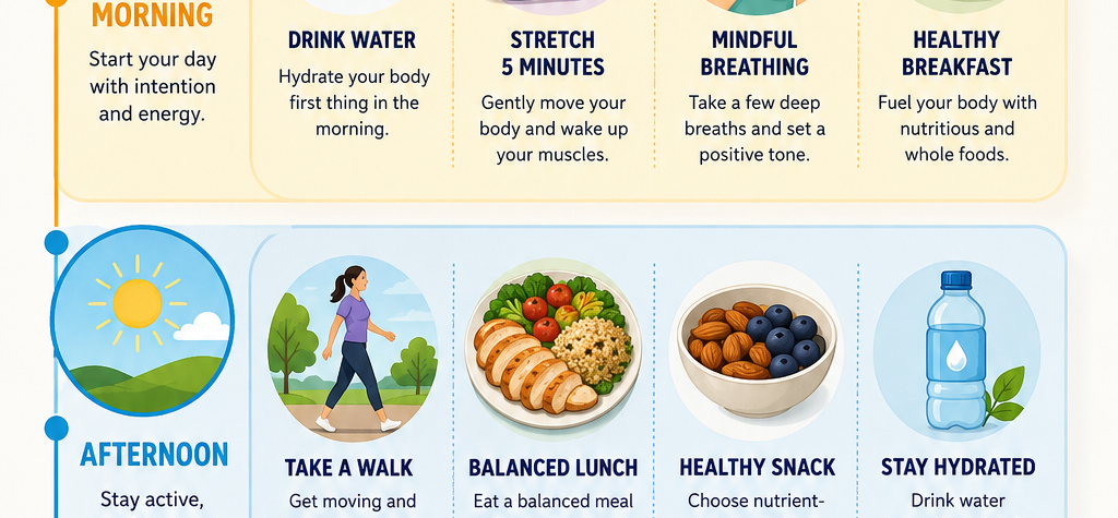 Daily holistic wellness routine infographic showing healthy habits from morning to night.