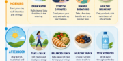 Daily holistic wellness routine infographic showing healthy habits from morning to night.