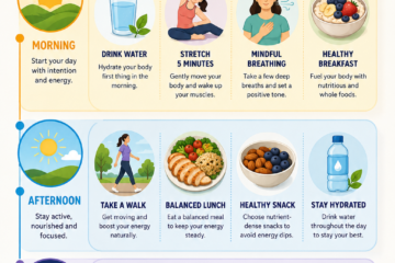 Daily holistic wellness routine infographic showing healthy habits from morning to night.