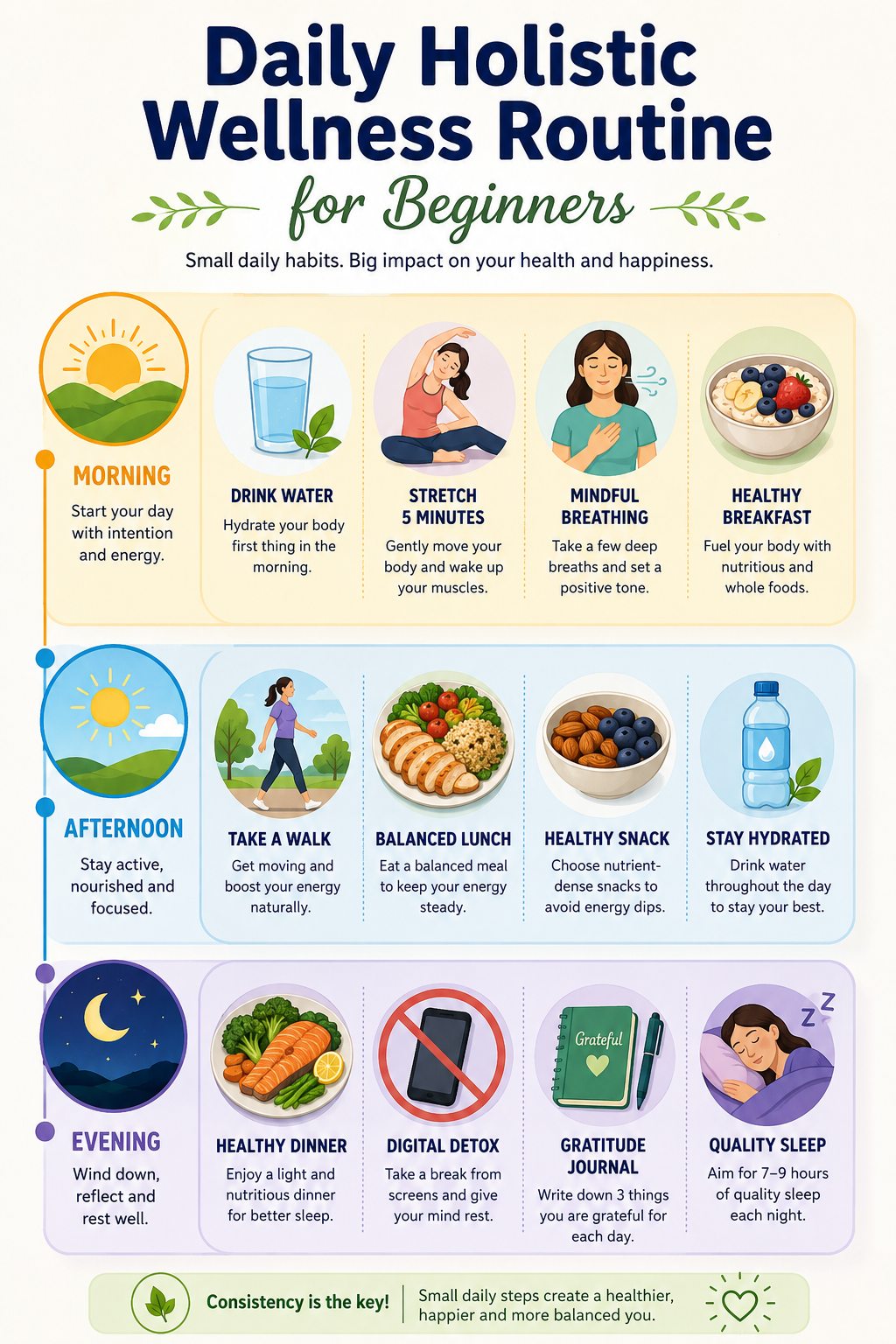 Daily holistic wellness routine infographic showing healthy habits from morning to night.