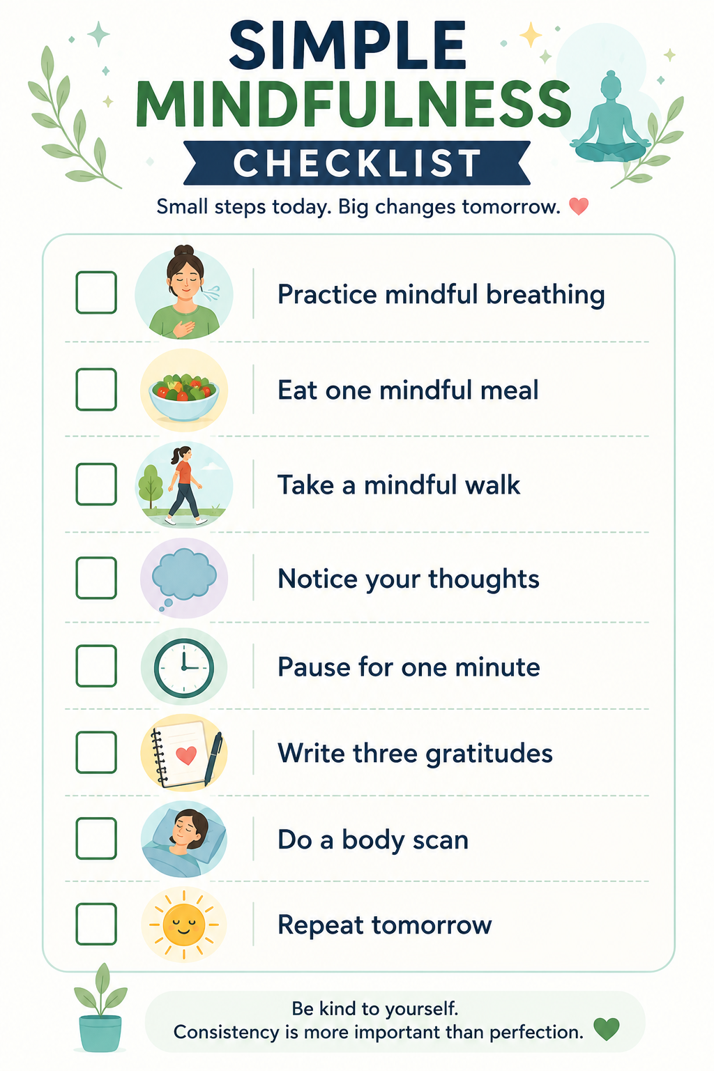 Daily mindfulness checklist infographic showing simple habits such as mindful breathing, mindful eating, mindful walking, gratitude journaling, body scan meditation, and mindful pauses.