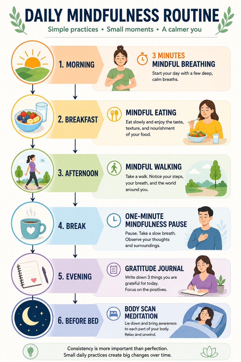 Daily mindfulness routine infographic showing mindful breathing, mindful eating, mindful walking, mindfulness breaks, gratitude journaling, and body scan meditation.