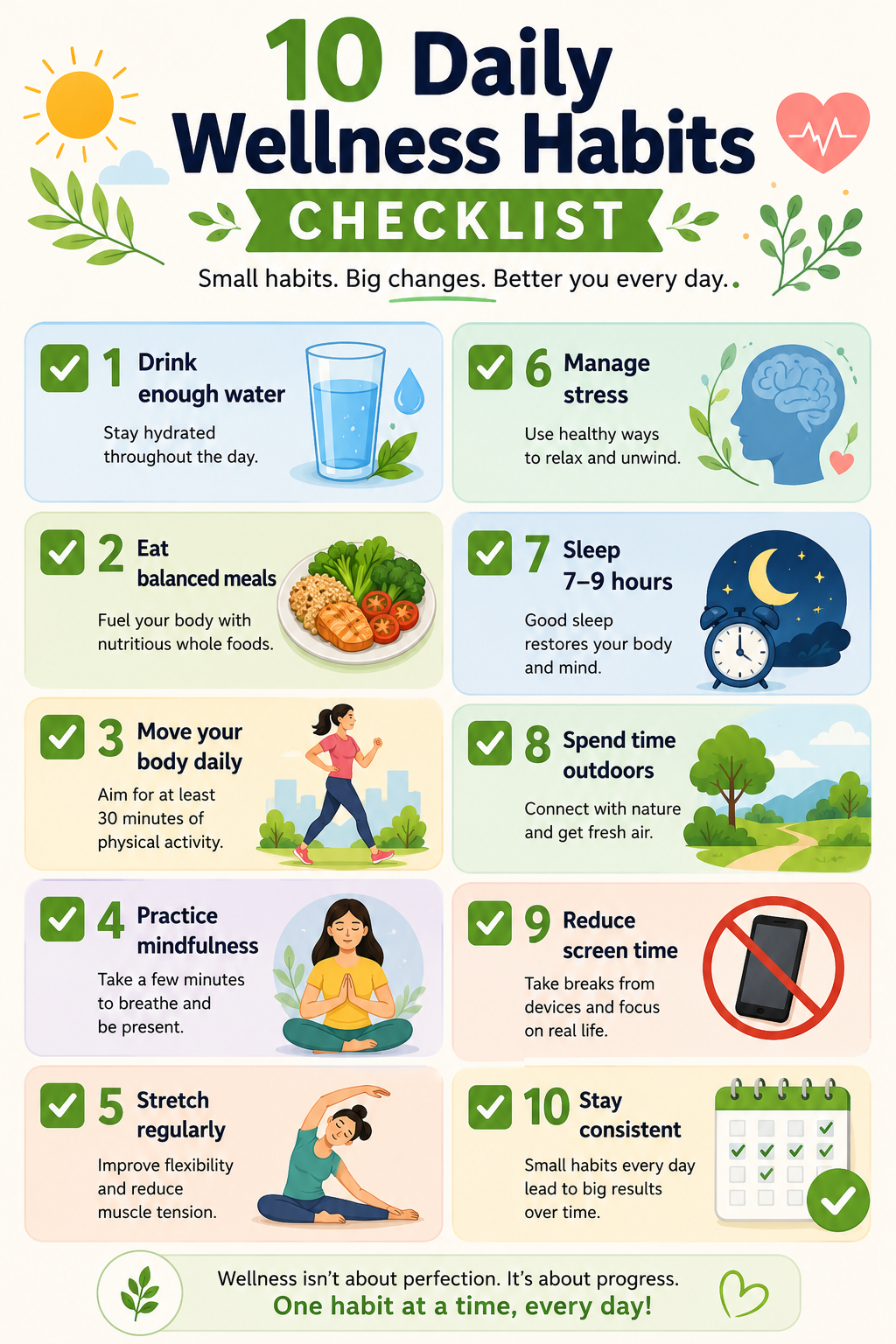 Checklist infographic showing 10 simple daily wellness habits for beginners.