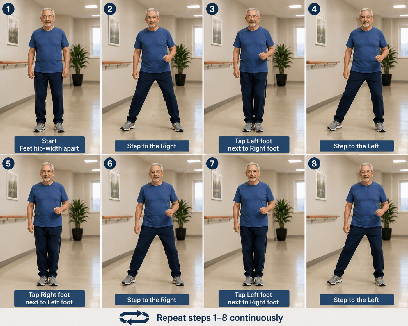 An older adult performing a lateral step and Tap
