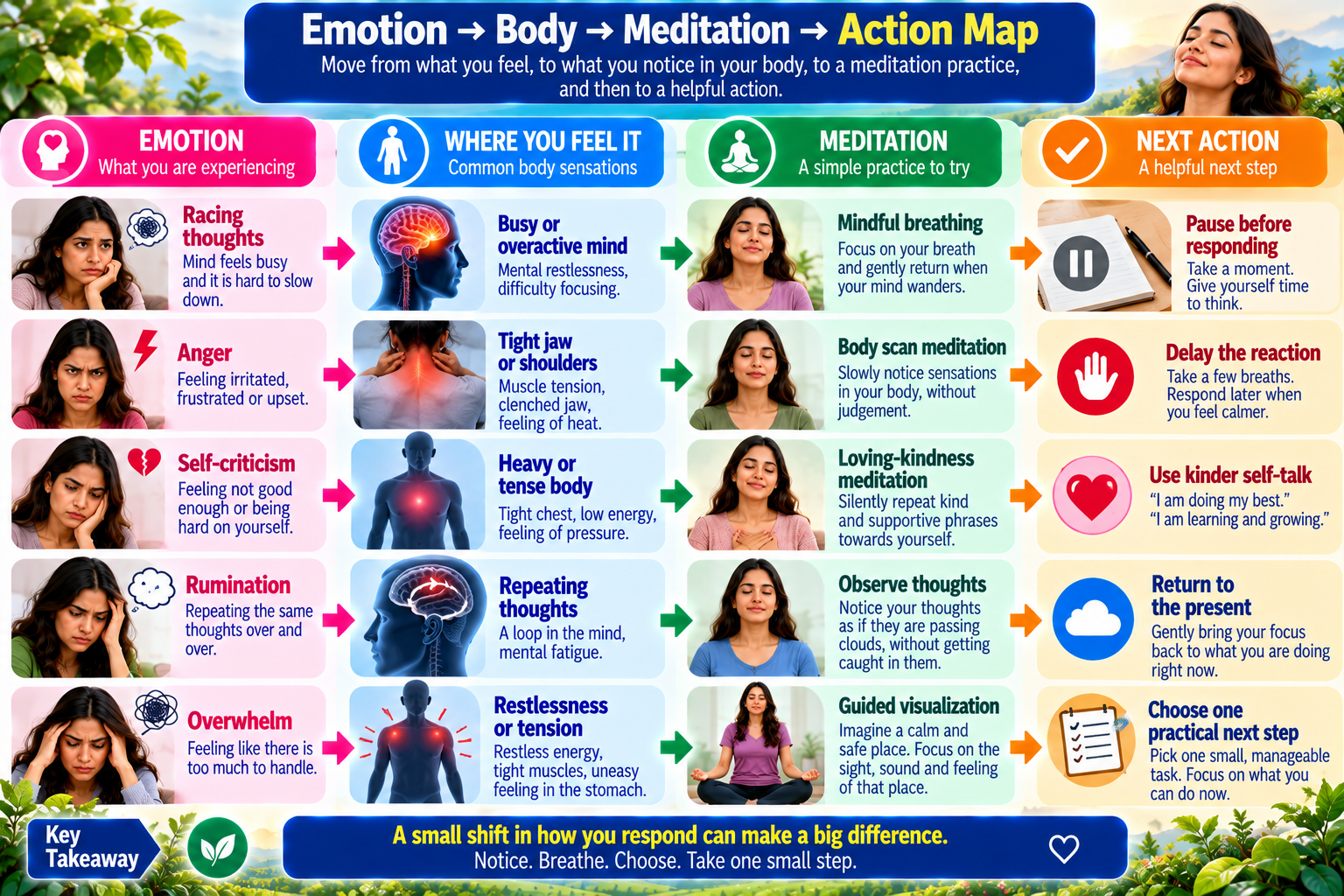 Emotion to meditation decision map showing how to choose a meditation technique based on emotional and physical signals