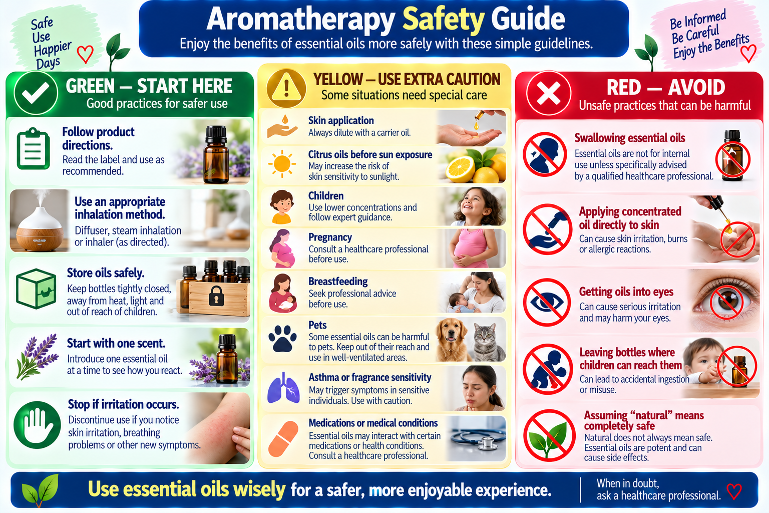 Essential oil safety guide showing safer beginner practices, caution situations, and practices to avoid