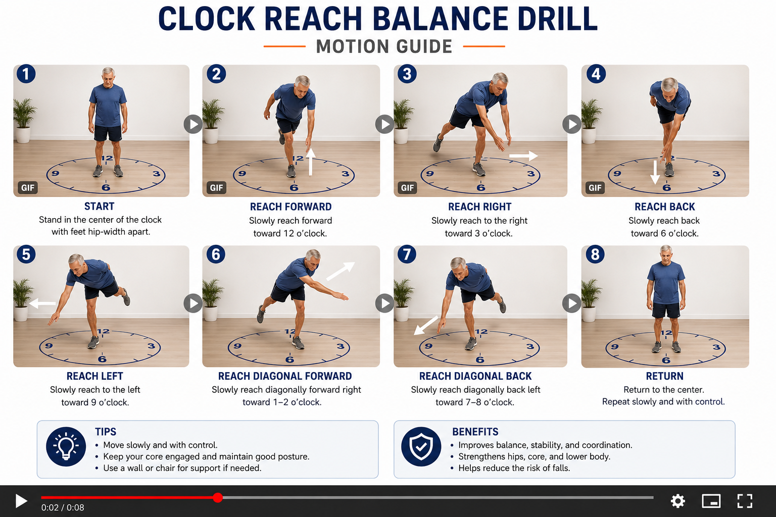 An old man performing clock reach balance drill