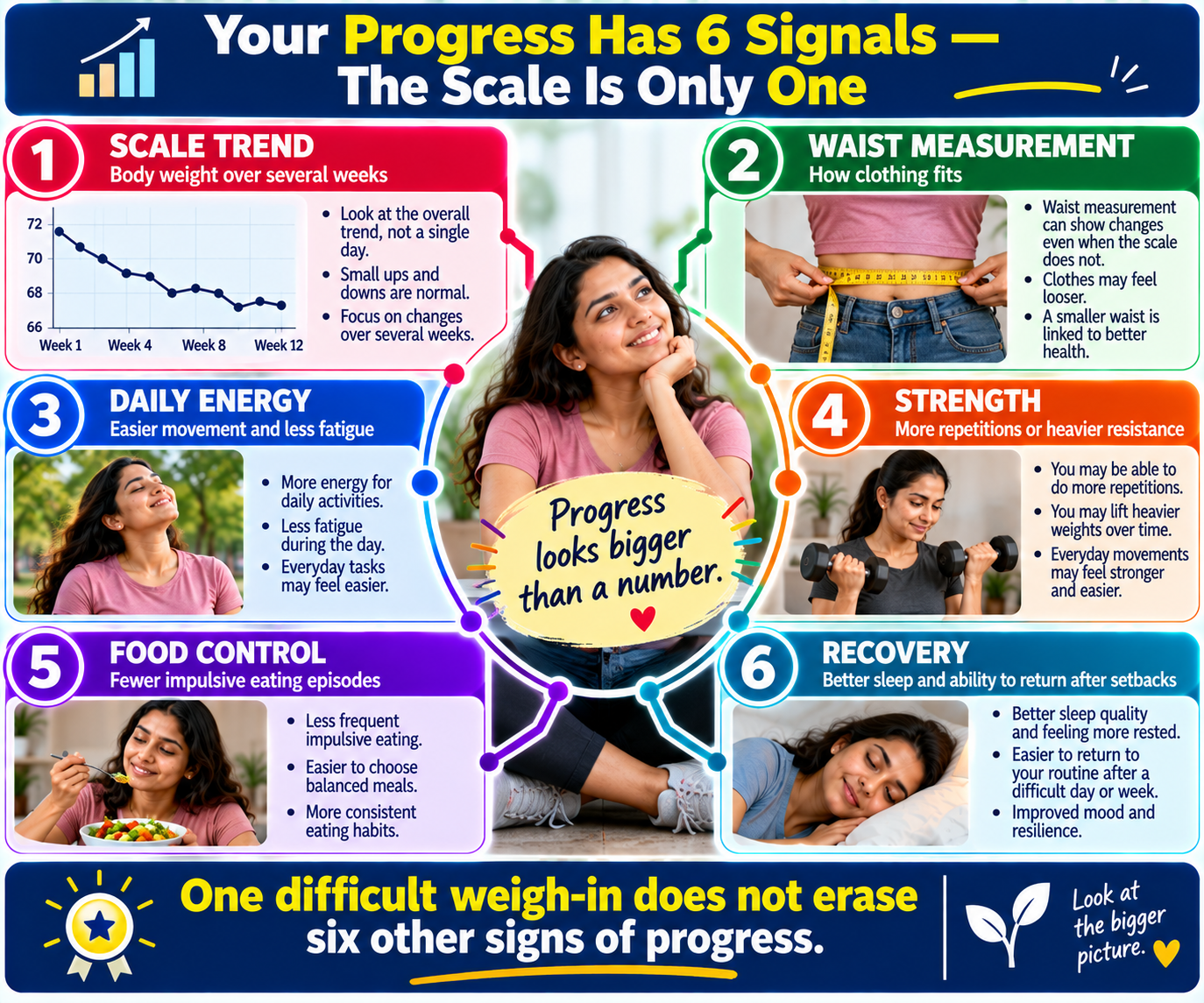 Six-signals fat loss progress dashboard showing weight, waist, energy, strength, eating control, and recovery