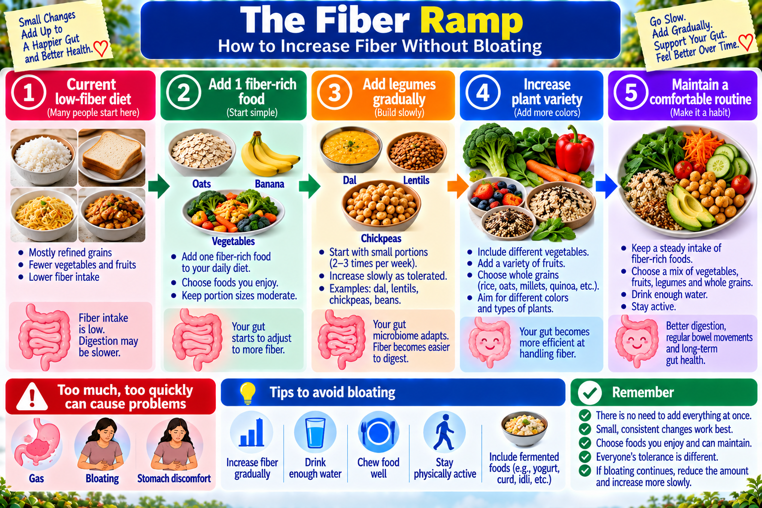 Fiber ramp showing how to gradually increase fiber-rich foods to support gut health without sudden bloating