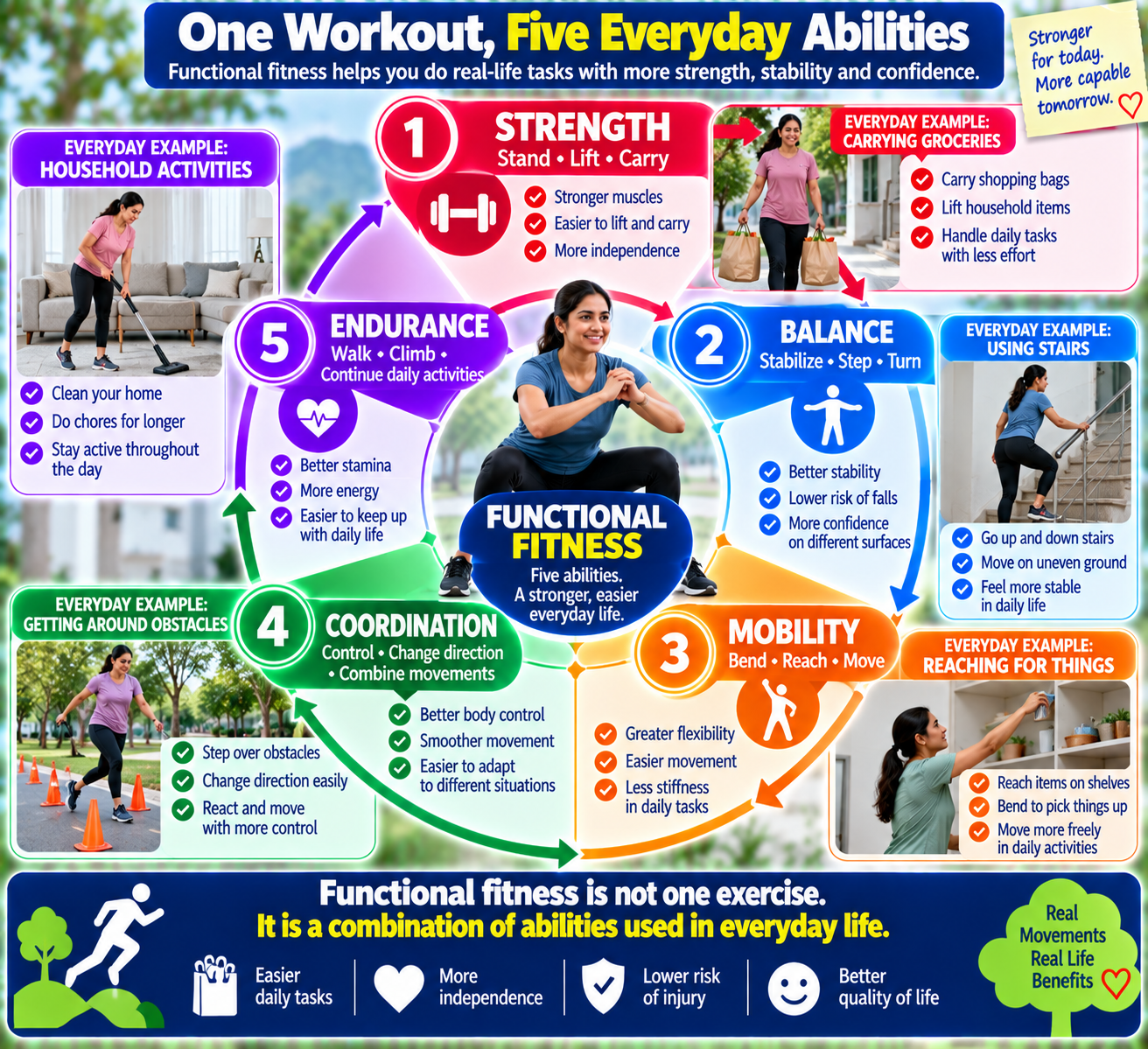 Functional fitness wheel showing strength, balance, mobility, coordination and endurance connected to everyday activities