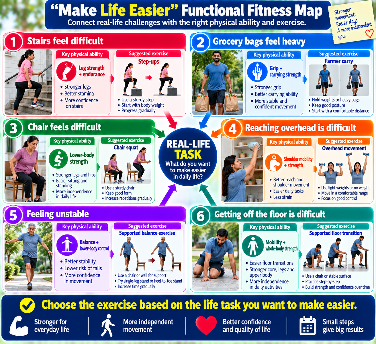 Functional fitness map connecting everyday movement problems with physical abilities and practical exercises