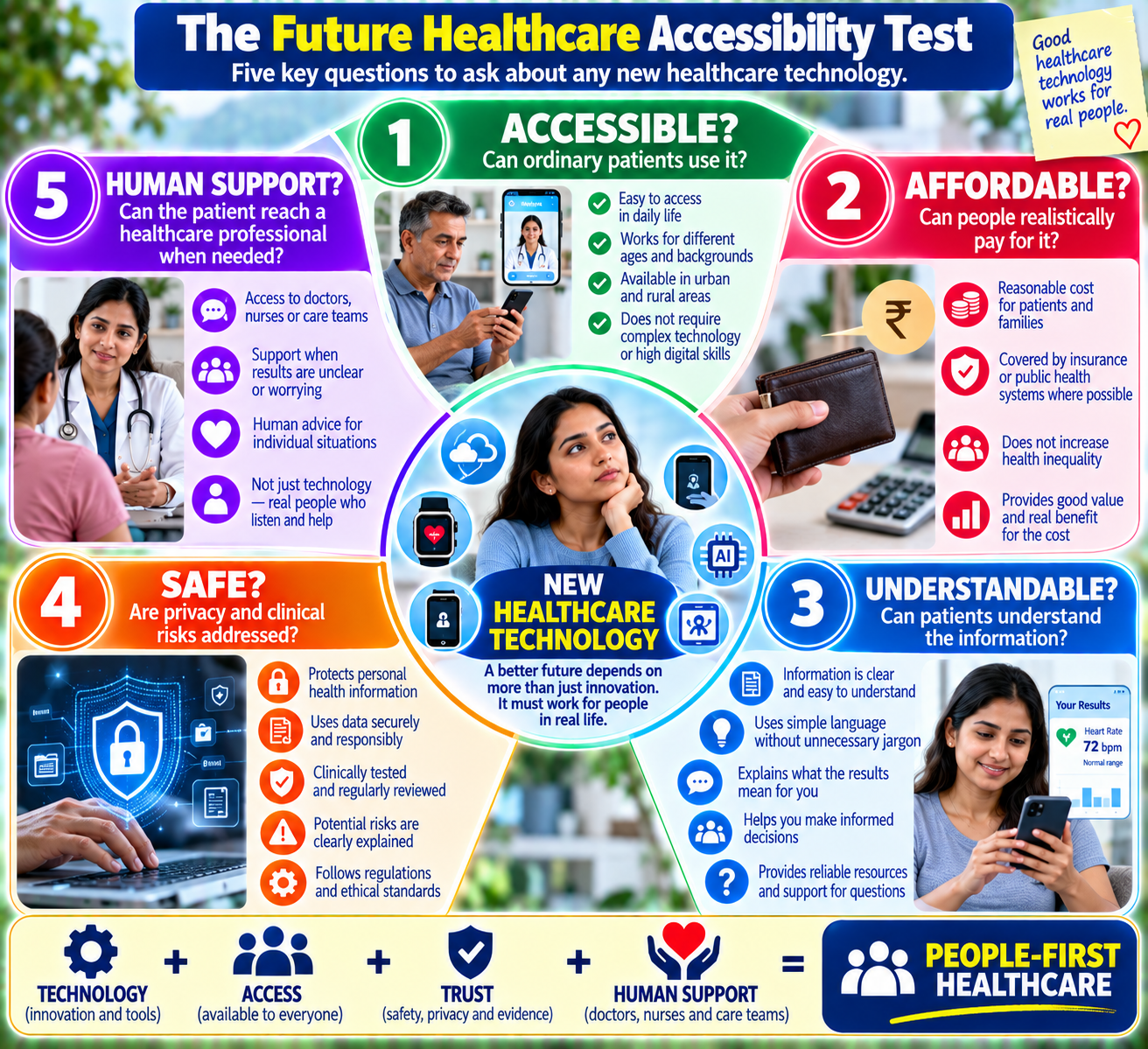 Future healthcare accessibility test showing five questions about access, affordability, understanding, safety and human support