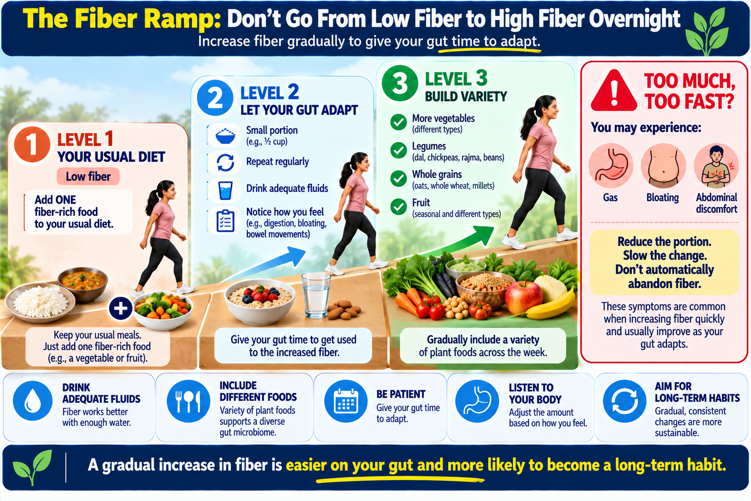 Gradual fiber ramp showing how to increase fiber slowly to support gut health and reduce bloating